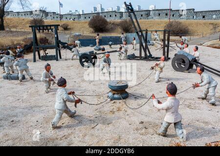 Statues of construction site of Hwaseong Fortress located in Suwon, South Korea,  in the latter part of the Joseon Dynasty. A landmark in the city of Stock Photo