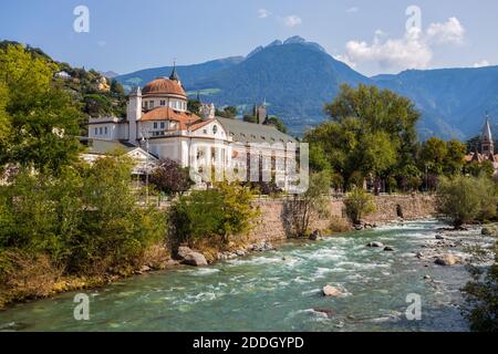 The stream Passirio and the Kurhaus building in Merano, south Tyrol, Bolzano province, Italy. Stock Photo