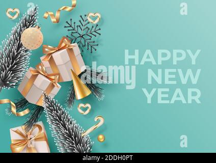 New Year composition with traditional decoration, Christmas trees and gift box with a gold bow Stock Vector