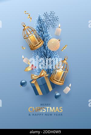 Christmas and New Year banner template. Xmas poster with flying Christmas tree, birdcage and gift box. Realistic 3d illustration Stock Vector