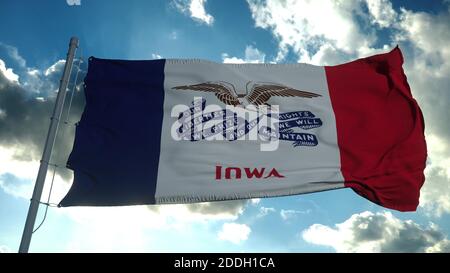 Flag of Iowa waving in the wind against deep beautiful clouds sky. 3d rendering Stock Photo