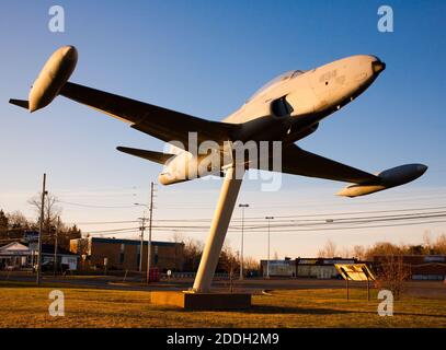 Pictou, Canada - April 30, 2016: RCAF CT-33 on pedestal. The Canadair CT-133 Silver Star was the Canadian version of Lockheed's T-33 Shooting Star. Stock Photo