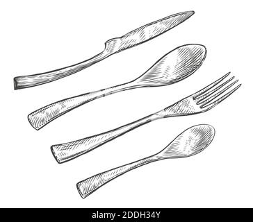 Cutlery, spoon and fork sketch. Food concept vintage vector illustration Stock Vector