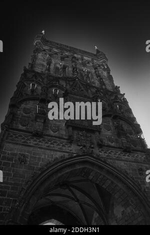 Powder gate. The ancient gothic tower in Prague. Black and white image. Stock Photo