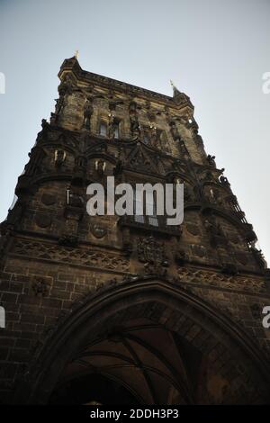 Powder gate. The ancient gothic tower in Prague. Stock Photo