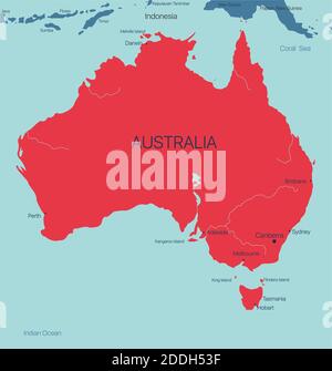 Australia continent vector map with cities. Vector editable illustration. Trending color scheme Stock Vector