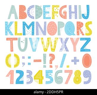 Cute and colorful childish hand drawn English alphabet with numbers and symbols. Decorated with doodle pattern. Suited for children's birthday invitat Stock Photo