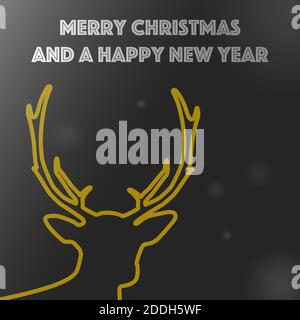 merry christmas and happy new year greeting card with gold colored reindeer silhouette and snow bokeh vector illustration