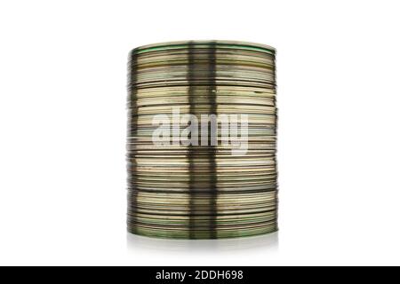 Stack of CD or DVD disk isolated on white background. Set collection pile of discs. Heap of data, information concept. Old technology. Stock Photo