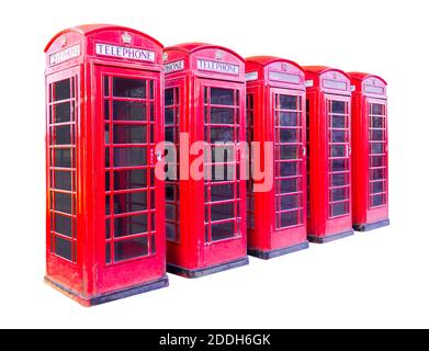 Five red telephone box in London isolated on white background with clipping path Stock Photo