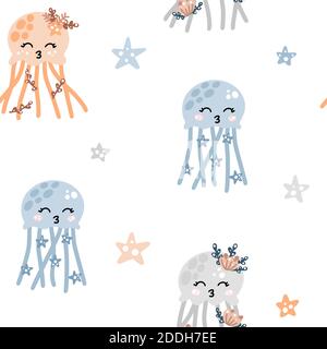 Cute nursery seamless pattern with colorful jellyfishes with stars and abstract dots around. Hand drawn Scandinavian style vector illustration. Stock Vector