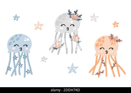 Cute nursery collection of jellyfishes in pastel colors isolated on white background with stars and abstract dots around. Hand drawn Scandinavian styl Stock Vector