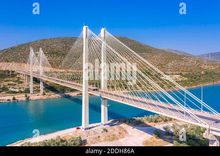 The impressive cable bridge of Chalkida, Euboea, Greece. Stock Photo