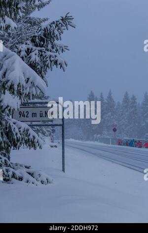 First small winter hike along the Rennsteig through the Thuringian Forest - Schneekopf/Germany Stock Photo