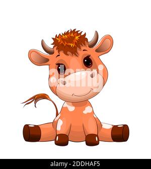 Little sitting calf on a white background. Cute goby baby. Little cow baby. Stock Vector