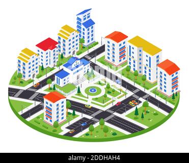 City district - modern vector colorful isometric illustration. High quality urban landscape with a school, square with a fountain, apartment houses, h Stock Vector