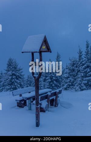 First small winter hike along the Rennsteig through the Thuringian Forest - Schneekopf/Germany Stock Photo