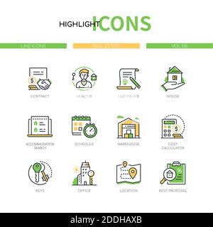 Real estate - modern line design style icons set. Housing and accommodation agency service idea. Realtor, house, schedule, warehouse, cost calculator, Stock Vector