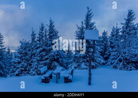 First small winter hike along the Rennsteig through the Thuringian Forest - Schneekopf/Germany Stock Photo