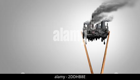 Polluted food and pollution crisis as eating a contaminated meal as chopsticks with industrial toxins or climate change affects on the body. Stock Photo