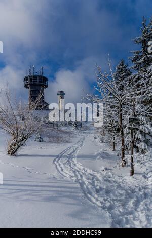 First small winter hike along the Rennsteig through the Thuringian Forest - Schneekopf/Germany Stock Photo