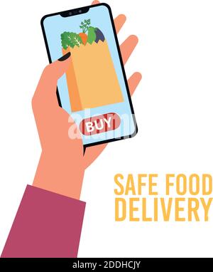 Hand with phone safe food delivery fast icon- Vector Stock Vector