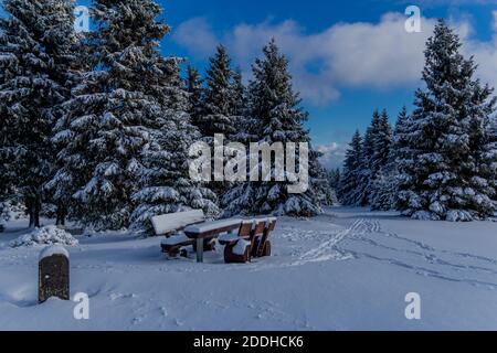 First small winter hike along the Rennsteig through the Thuringian Forest - Schneekopf/Germany Stock Photo