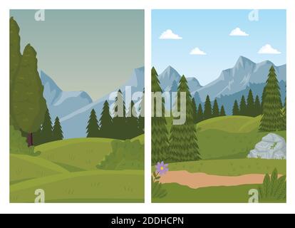 two landscapes scenes with pines forest Stock Vector