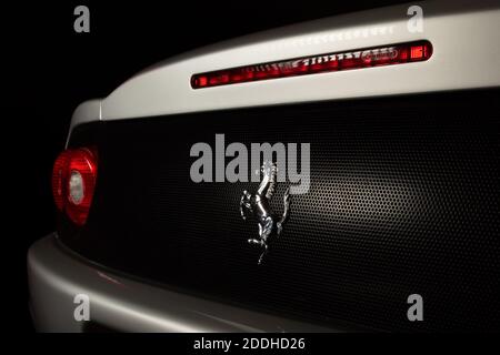 Prancing Horse Ferrari emblem on rear of a 360 Spider, Studio 434 car collection Stock Photo