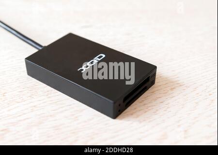Close-up of black card reader which can read SD, micro SD and XQD card Stock Photo