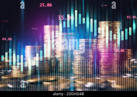 Economic growth concept. Collage with stacks of coins and financial ...