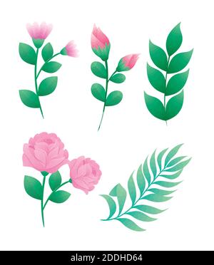 bundle of five beautiful roses flowers and leafs decorative icons Stock Vector
