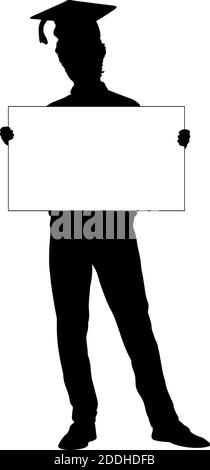 Silhouette young man student holds banner placard blank white sheet for text space. Illustration symbol icon Stock Vector