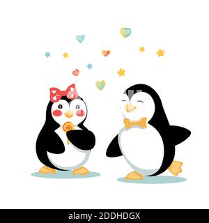 Two Cartoon Penguins Fell in Love on Date Stock Vector