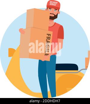 American man with boxes delivery fast logo- Vector Stock Vector