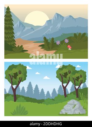 two landscapes scenes with forest trees Stock Vector