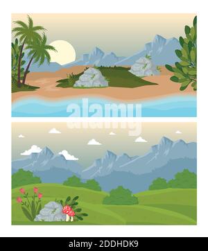 two landscapes scenes with flowers and beach Stock Vector