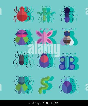 set of different insects or bugs small animals with shadow style vector illustration Stock Vector