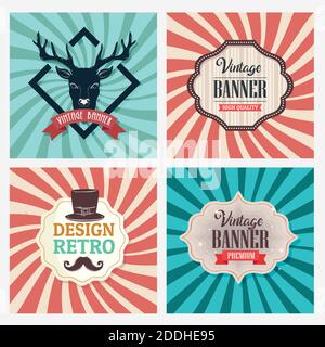 bundle of four vintage banners with sunburst retro background Stock Vector