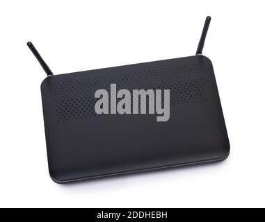 Modern black wi-fi 6 router on a yellow background with ethernet cable ...