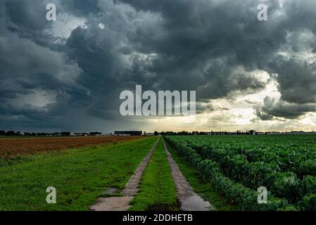 Country road below an angry sky as storm clouds gather over the dutch landscape Stock Photo
