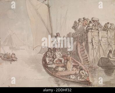 Recto Pier At Amsterdam, 1792 Thomas Rowlandson, Recto: Pier at Amsterdam. On verso: Sketch of Dutch fisherfolk and inscribed by the artist, 'Drawn at Amsterdam 1792', Boat, Drawing, Watercolour, Ink, Coast, Harbour, Pen Stock Photo