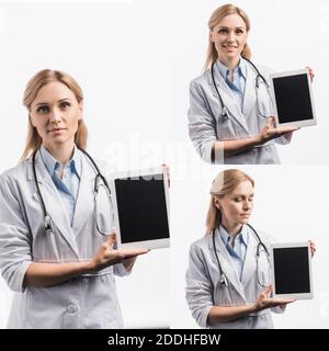 collage of happy doctor holding digital tablet with blank screen isolated on white Stock Photo