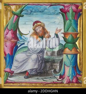 Prophet in a Landscape, 1530 Artist Unknown, North Italian School, Tempera and gold leaf on vellum., Tempera, Italy, Frame, Illuminated, Male, Church, 16th Century, Bearded, Clothing, Turban, Religion, Old Testament, Works on Paper Stock Photo