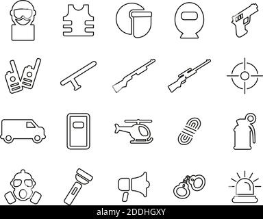 SWAT Team Icons Black & White Thin Line Set Big Stock Vector