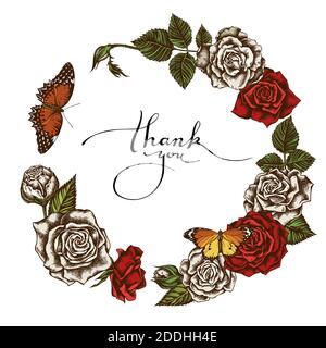 Floral Wreath of colored red lacewing, plain tiger, roses Stock Vector