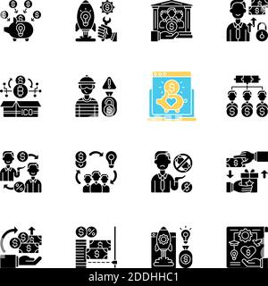 Crowdfunding black glyph icons set on white space Stock Vector
