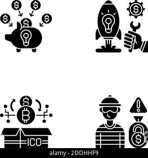 Different money types crowdfunding black glyph icons set on white space Stock Vector