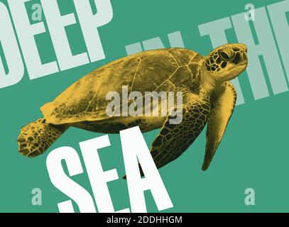 turtle deep in the sea with words in yellow and green colors Stock Photo