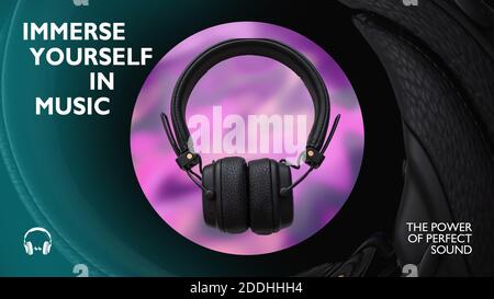 Musical background with headphone and colorful music notes, can be use as banner, flyer, poster or background. Stock Photo